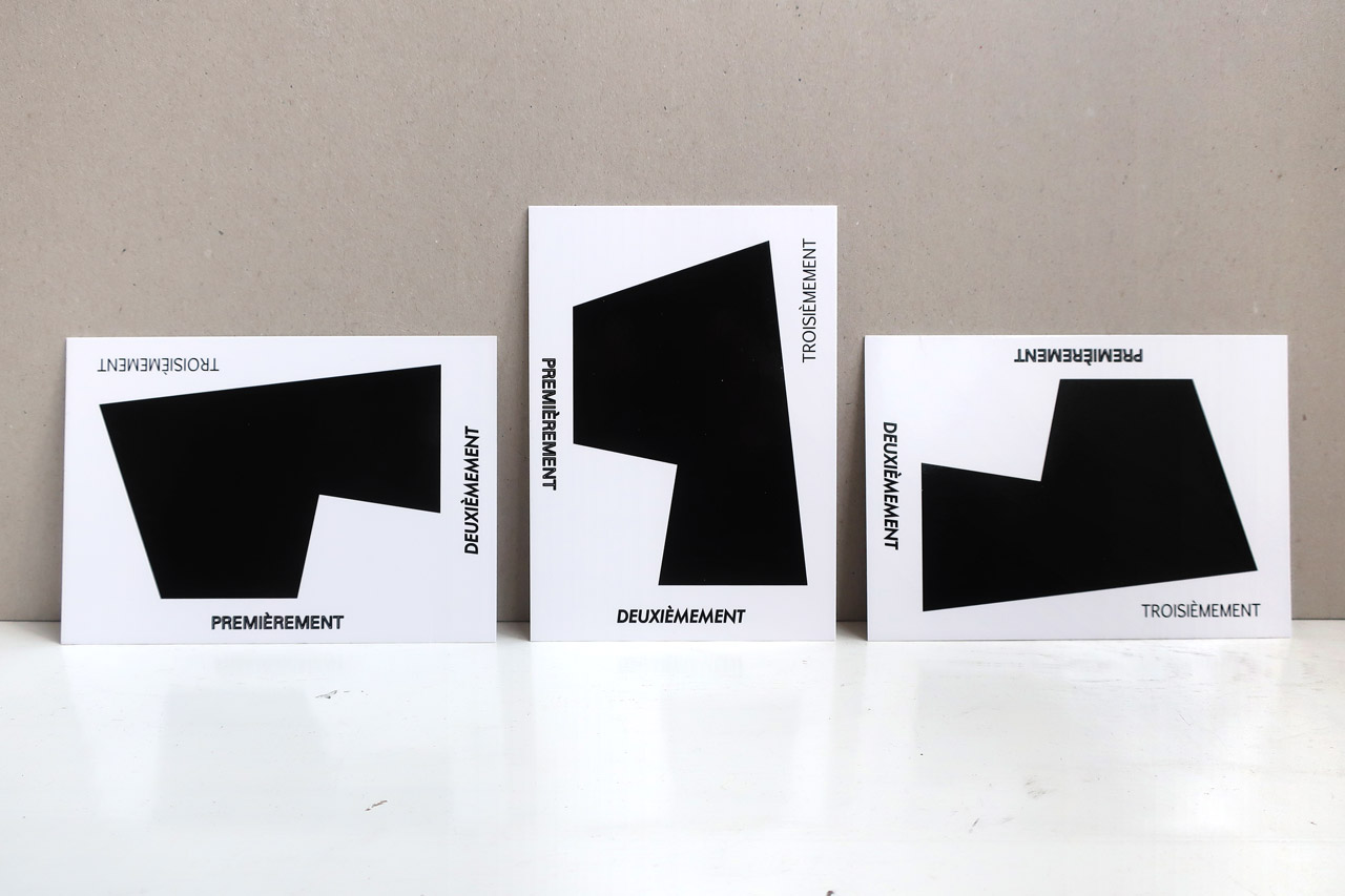 Claude Closky, ‘Firstly Secondly Thirdly [Premièrement deuxièmement troisièmement],’ 2022, Brussels: JAP. Print 350g card, 3 prints 10,5 x 14,8 et 14,8 x 10,5 cm.
